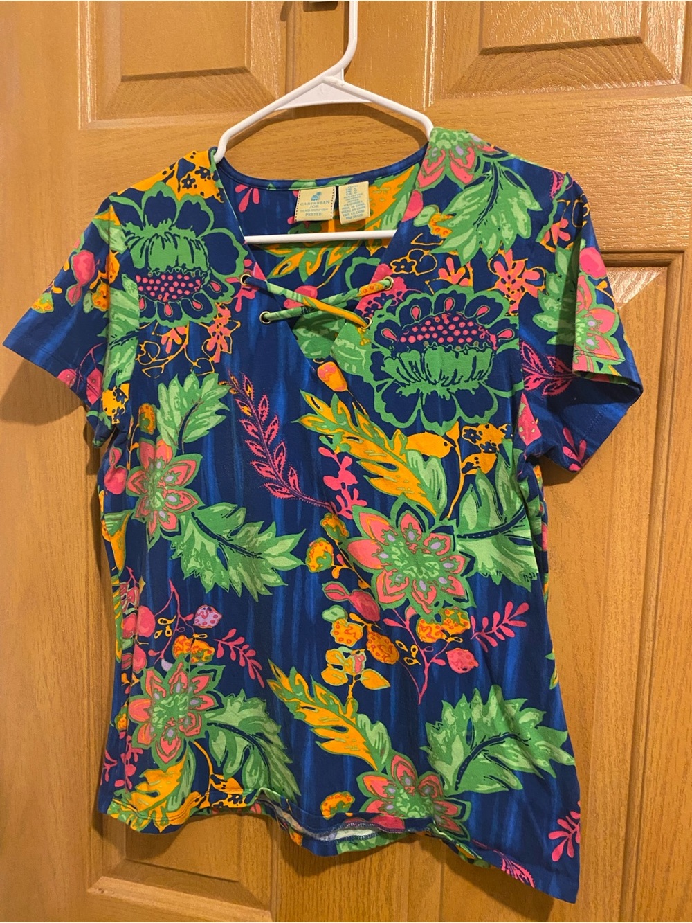 Vibrant Tropical Floral Lace-Up Top - Navy, Green & Pink